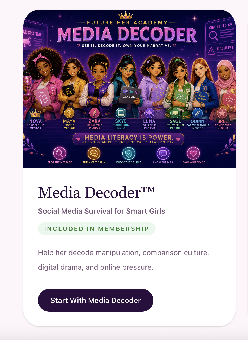 Media Decoder program card for Future Her Academy
