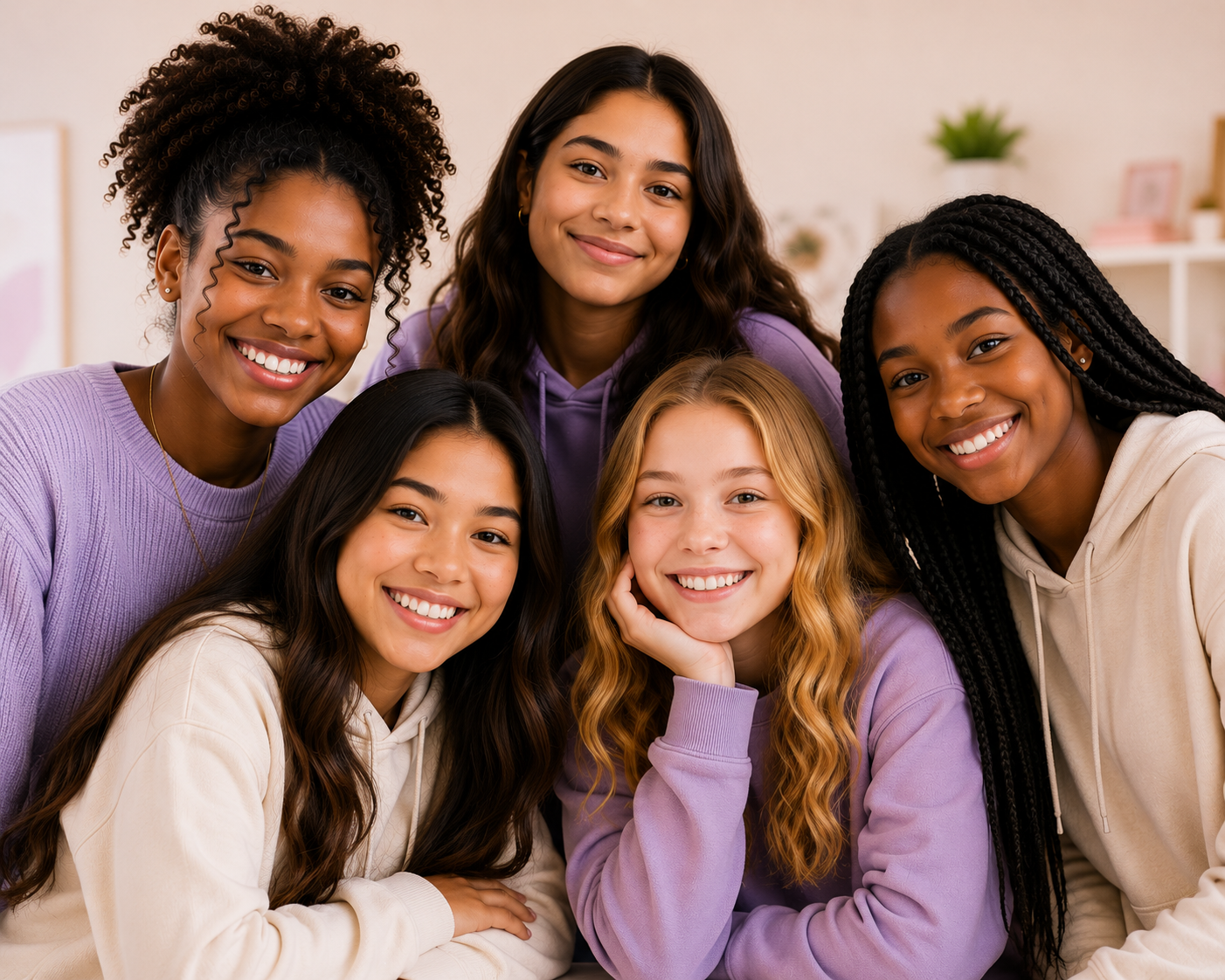 A diverse circle of teen girls smiling together